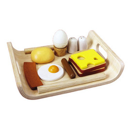wood breakfast tray with food