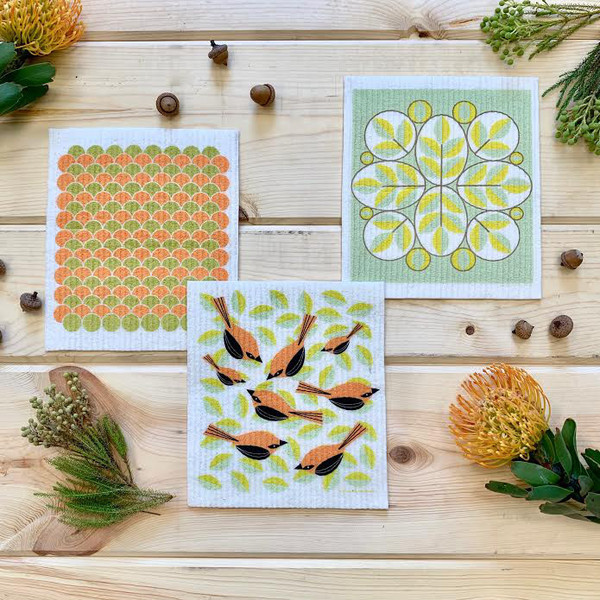 Swedish Dishcloth Set of 3, Fall Birds & Leaves